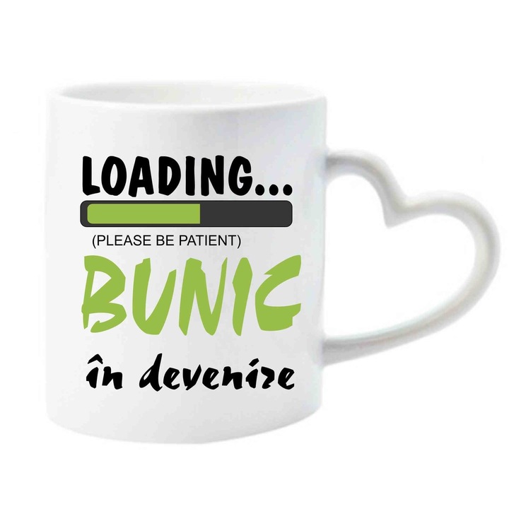 Cana cu toarta in forma de inima inscriptionata cu textul "bunic in devenire", CRD PRINT, 330ml, alba