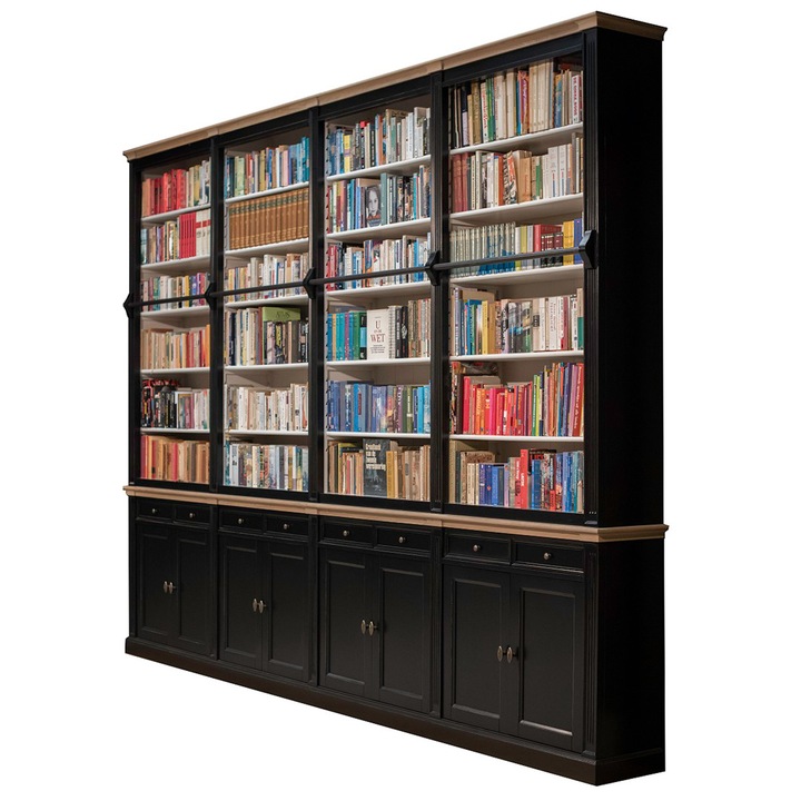 Biblioteca lemn masiv, cu scara, Ral 9005, elemente stejar, 400 x 40 x 240 cm, model MC 61
