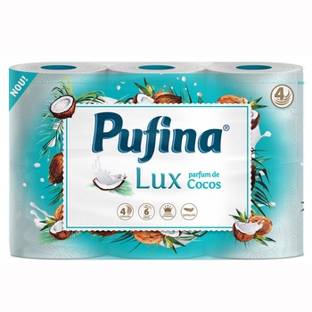 Hartie igienica Pufina, parfum de cocos, 6 role, 4 straturi Hartie igienica Pufina, parfum de cocos, 6 role, 4 straturi