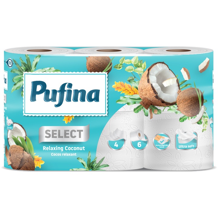 Hartie igienica Pufina, parfum de cocos, 6 role, 4 straturi