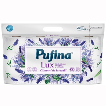 Hartie igienica Pufina Lux Campuri de Lavanda, 8 role, 3 straturi Hartie igienica Pufina Lux Campuri de Lavanda, 8 role, 3 straturi