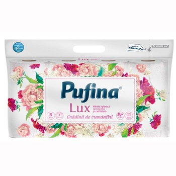 Hartie igienica Pufina Lux Gradina de Trandafiri, 8 role, 3 straturi Hartie igienica Pufina Lux Gradina de Trandafiri, 8 role, 3 straturi