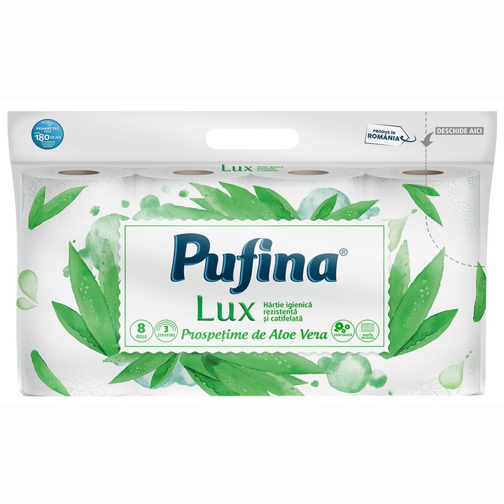 Hartie igienica Pufina Lux Prospetime de Aloe Vera, 8 role, 3 straturi