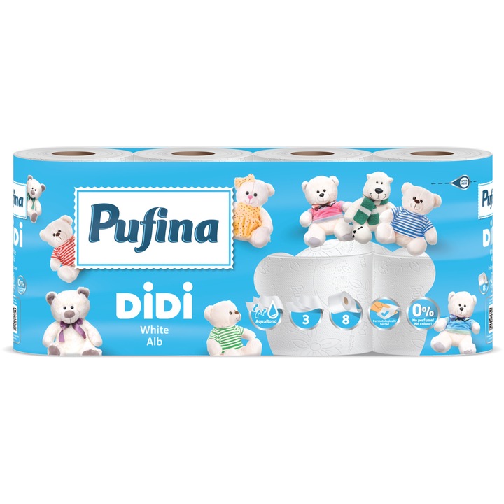 Pufina Didi 3 rétegű toalettpapír, 8 tekercs, fehér