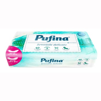 Servetele faciale Pufina Travel Pack, 100% celuloza, ultra soft, 60 buc Servetele faciale Pufina Travel Pack, 100% celuloza, ultra soft, 60 buc