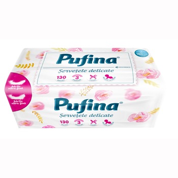 Servetele faciale Pufina Mega Pack, 3 straturi, 100% celuloza, ultra soft, 130 buc Servetele faciale Pufina Mega Pack, 3 straturi, 100% celuloza, ultra soft, 130 buc