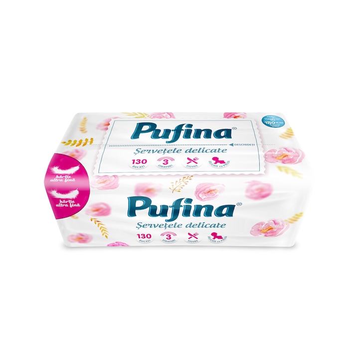 Servetele faciale Pufina Mega Pack, 3 straturi, 100% celuloza, ultra soft, 130 buc