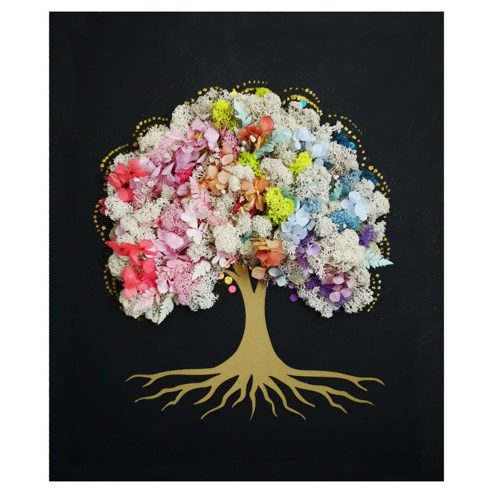 Tablou cu licheni, Copacul Vietii crem cu hortensii criogenate, Valicity, 50 cm x 40 cm