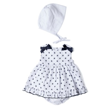 Set 3 piese cu rochie, boneta si chilotei, fete, Babybol, cu stelute, Navy Set 3 piese cu rochie, boneta si chilotei, fete, Babybol, cu stelute, Navy
