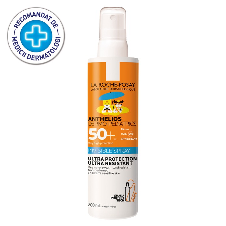 Spray Invizibil cu protectie solara fata si corp La Roche-Posay ANTHELIOS Dermo-Pediatrics Spray SPF 50+, pentru copii, rezistent la apa, 200 ml