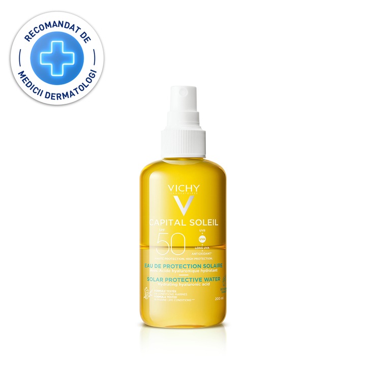 Apa de protectie solara Vichy Capital Soleil SPF50 hidratare sporita, cu acid hialuronic 200 ml