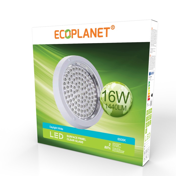 Plafoniera aplicata LED Ecoplanet, rotunda D272mm, 16W, 1440LM, lumina rece 6500k, sticla transparenta, alb