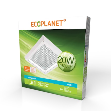 Plafoniera aplicata LED Ecoplanet, patrata 320x320mm, 20W, 1800LM, lumina rece 6500k, sticla transparenta, alb