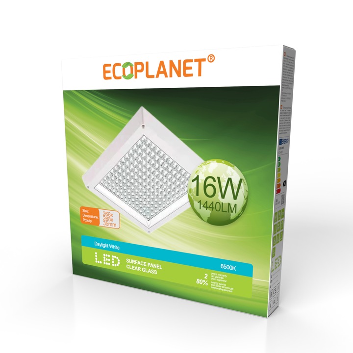 Plafoniera aplicata LED Ecoplanet, patrata 268x268mm, 16W, 1440LM, lumina rece 6500k, sticla transparenta, alb