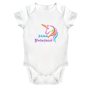 Body bebe, LWS, bumbac organic, brodat,model unicorn mica printesa, Alb Body bebe, LWS, bumbac organic, brodat,model unicorn mica printesa, Alb