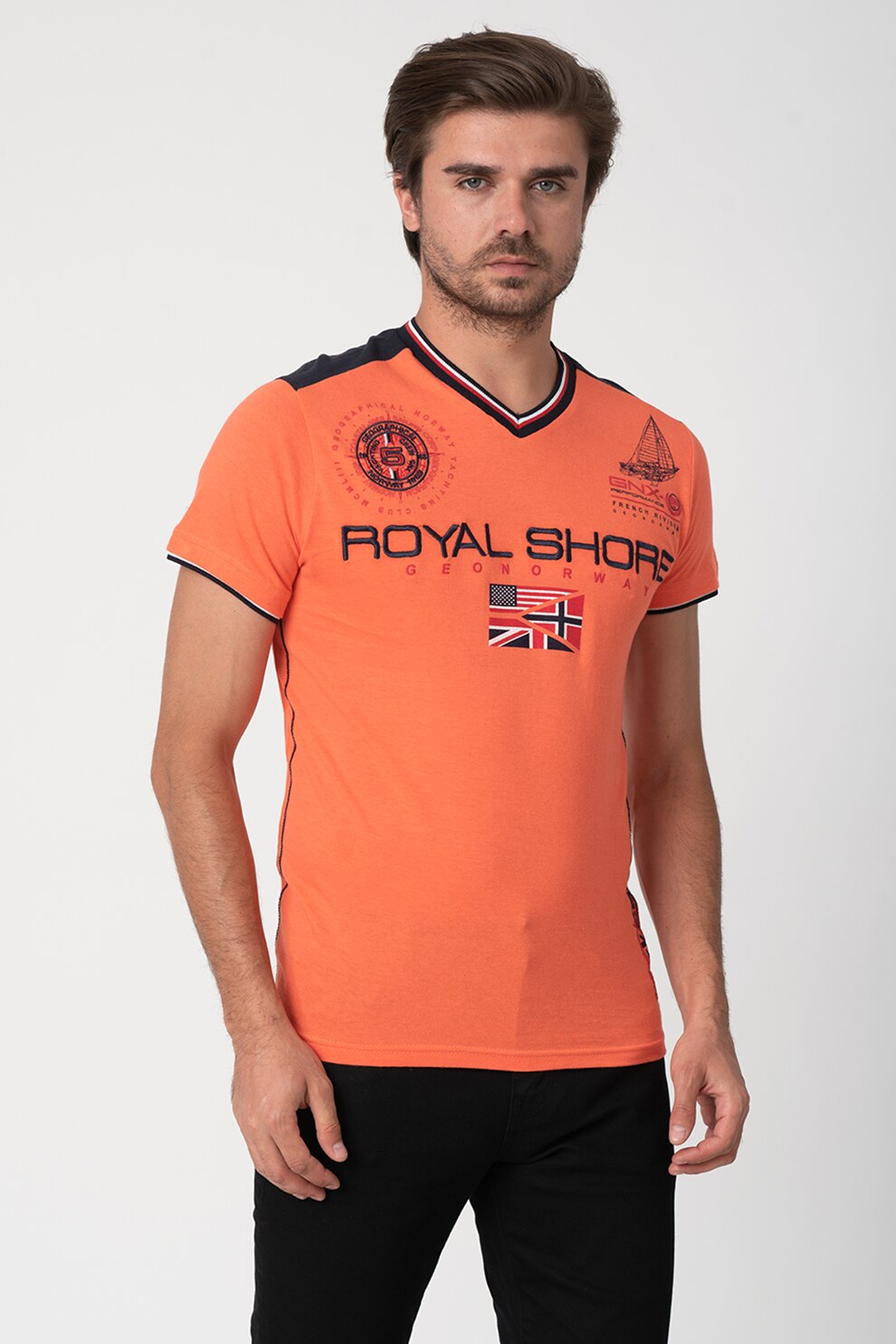 Geographical Norway, Tricou cu decolteu in V si detalii logo Jamacho, Corai