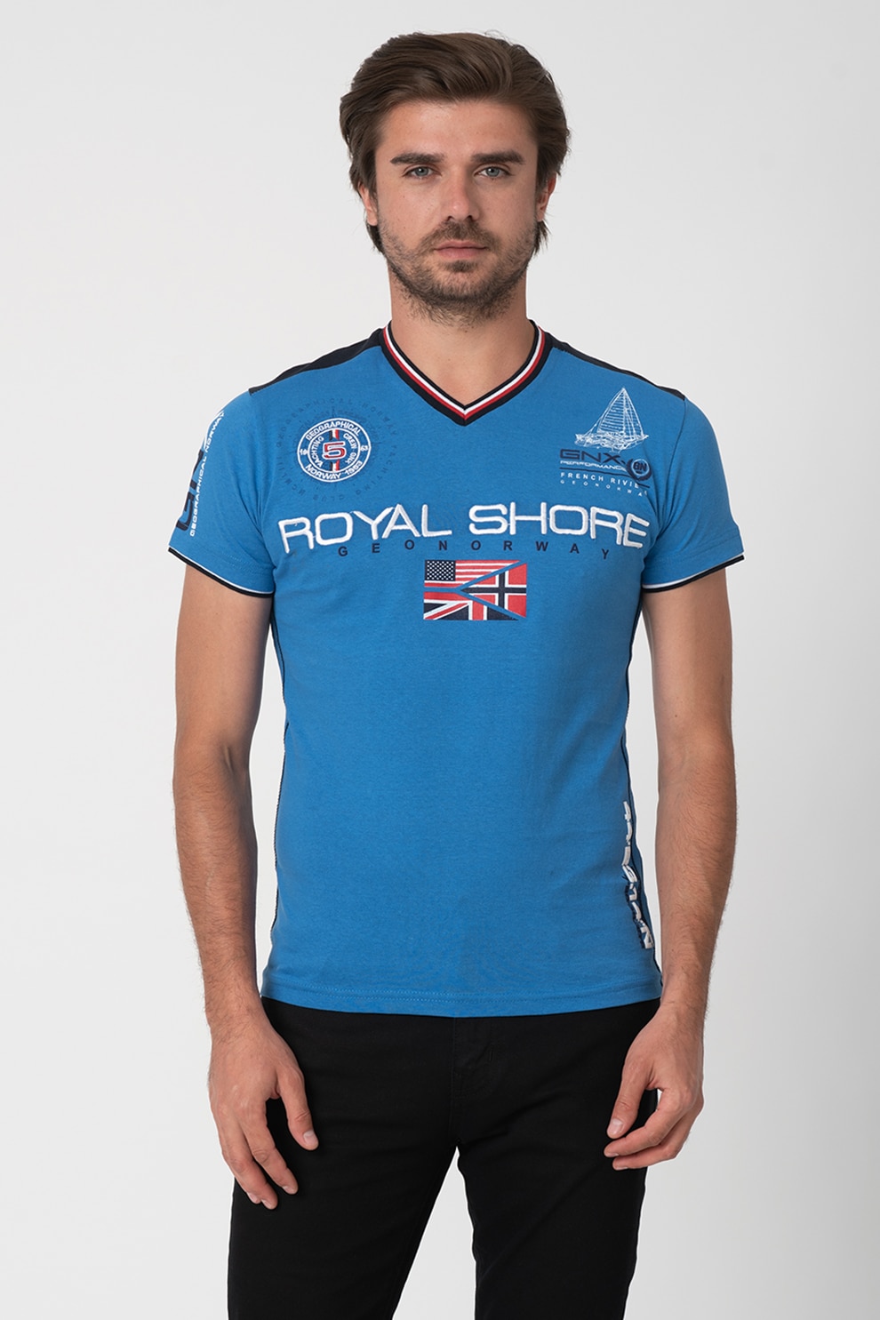 Geographical Norway, Tricou cu decolteu in V si detalii logo Jamacho, Albastru
