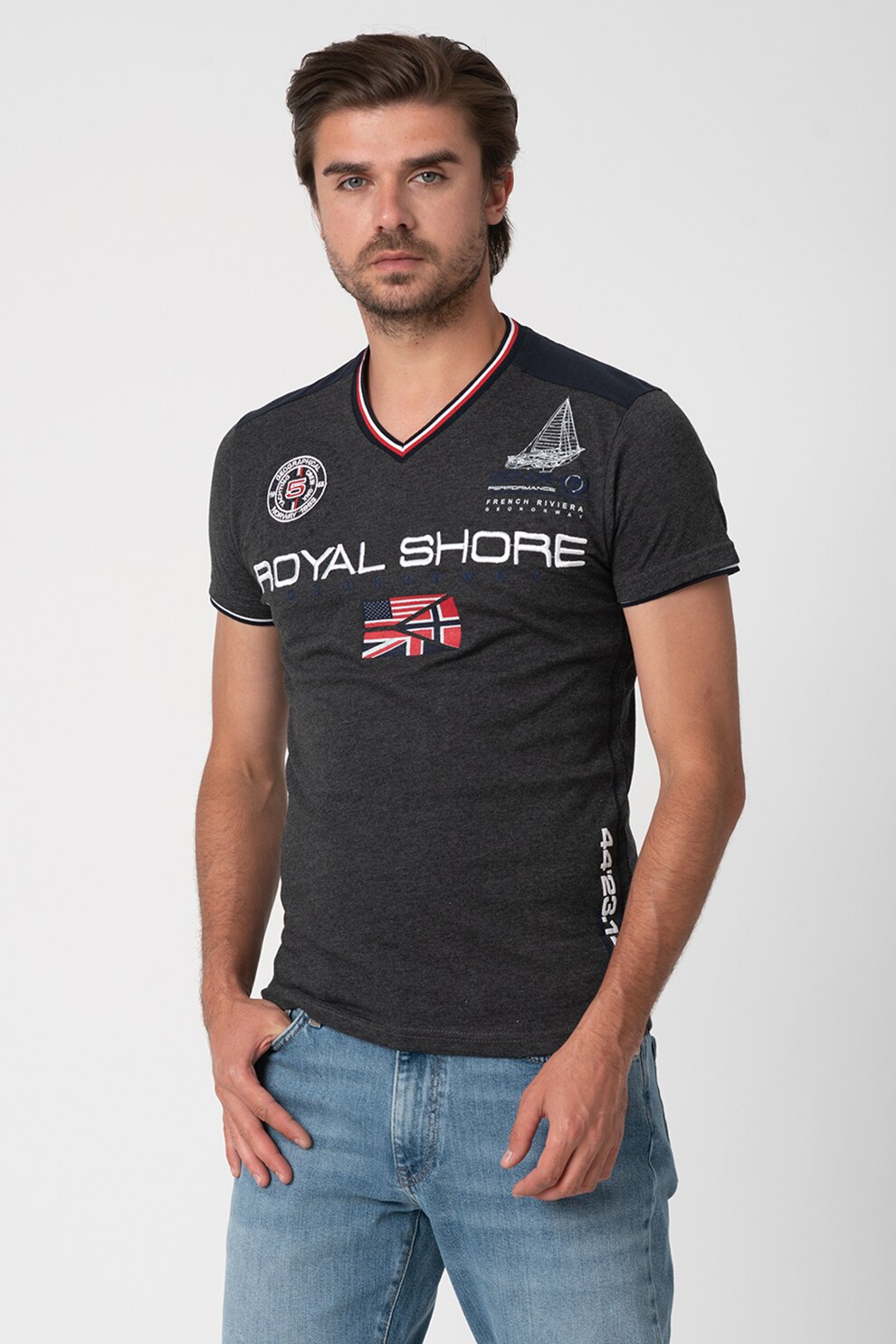 Geographical Norway, Tricou cu decolteu in V si detalii logo Jamacho, Gri inchis