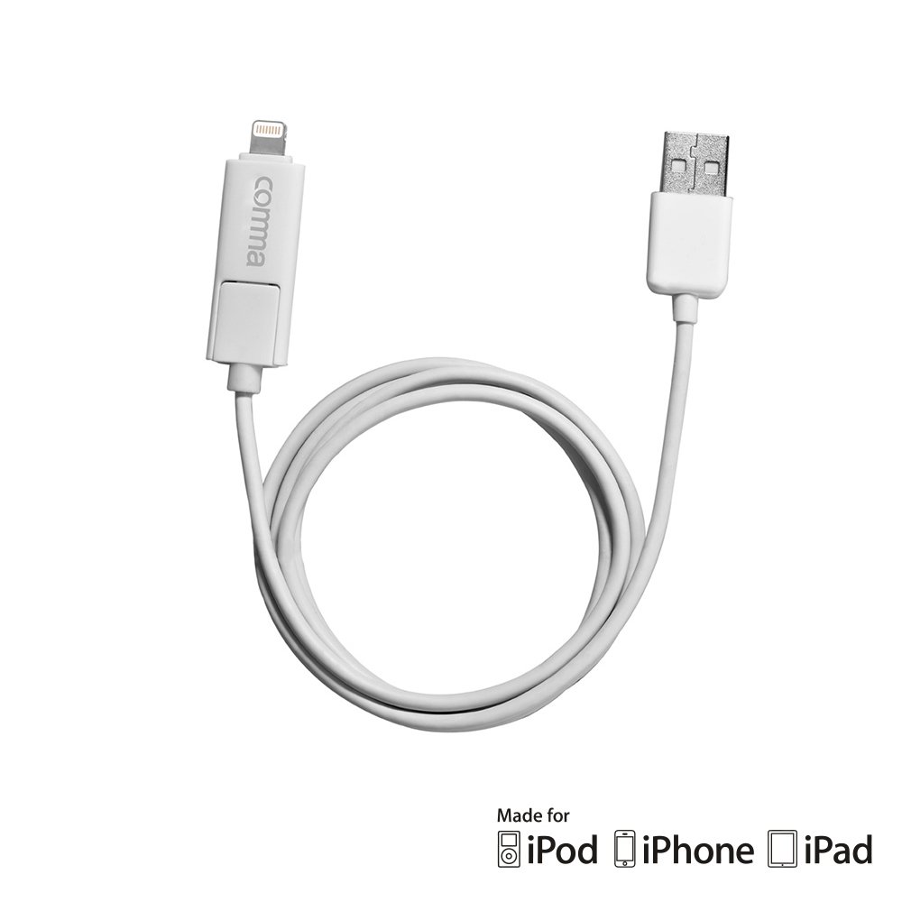 Cablu Comma Light 2 in 1 MFI USB la Lightning, 1m, Alb