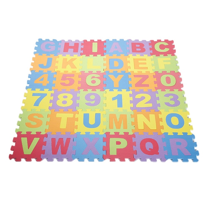 Covor puzzle cu cifre si litere pentru copii, 9 X 9 cm, Multicolor, set 36 piese