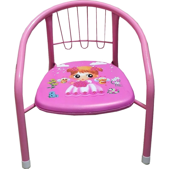 Scaun metalic pentru copii Novokids™ Little chair, Sezut moale cu sunete, Pentru interior si exterior, Dimensiuni 36x36x34 cm , Vopsea lucioasa, Roz
