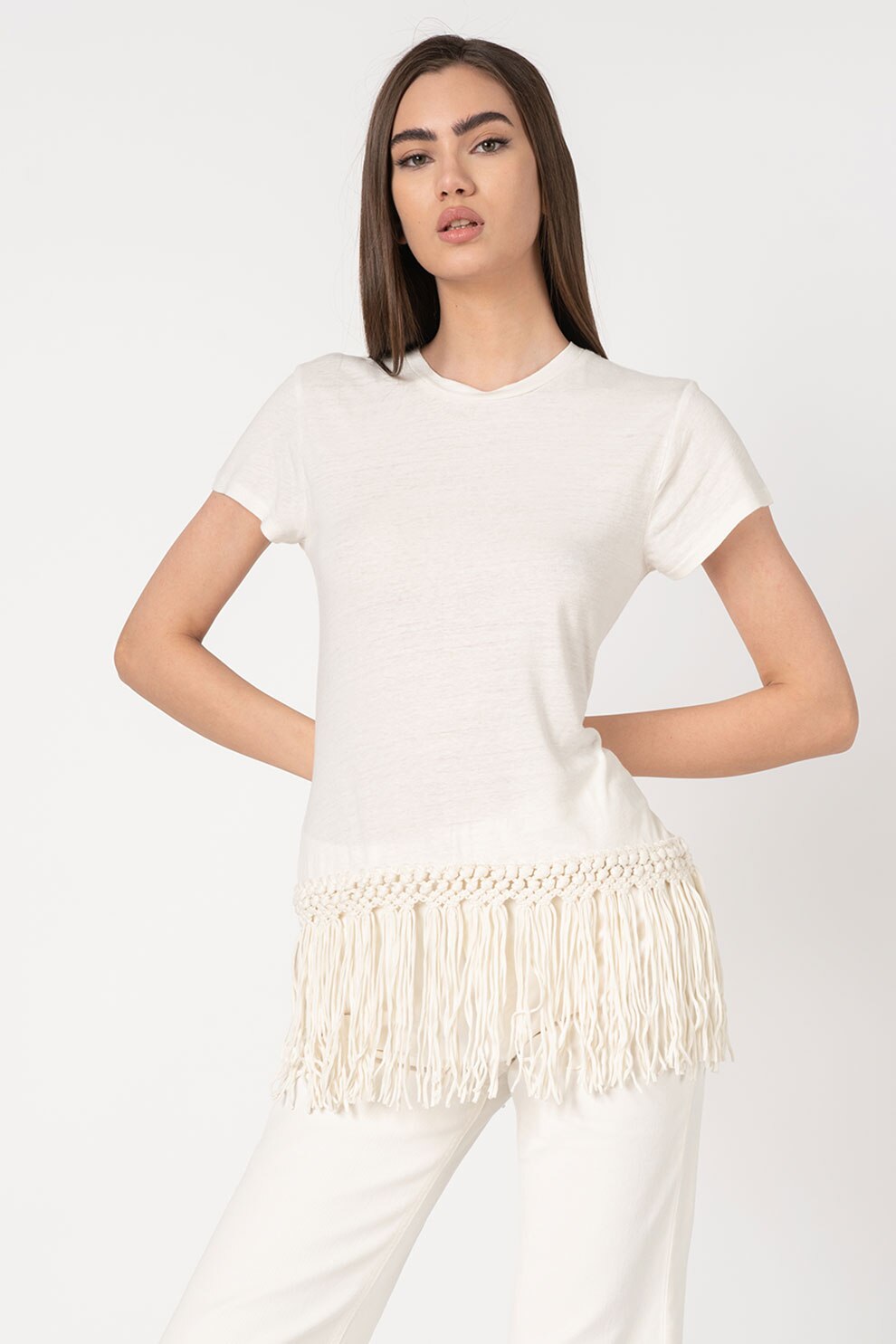 Polo Ralph Lauren, Tricou din amestec de in, cu terminatie franjurata, Alb prafuit