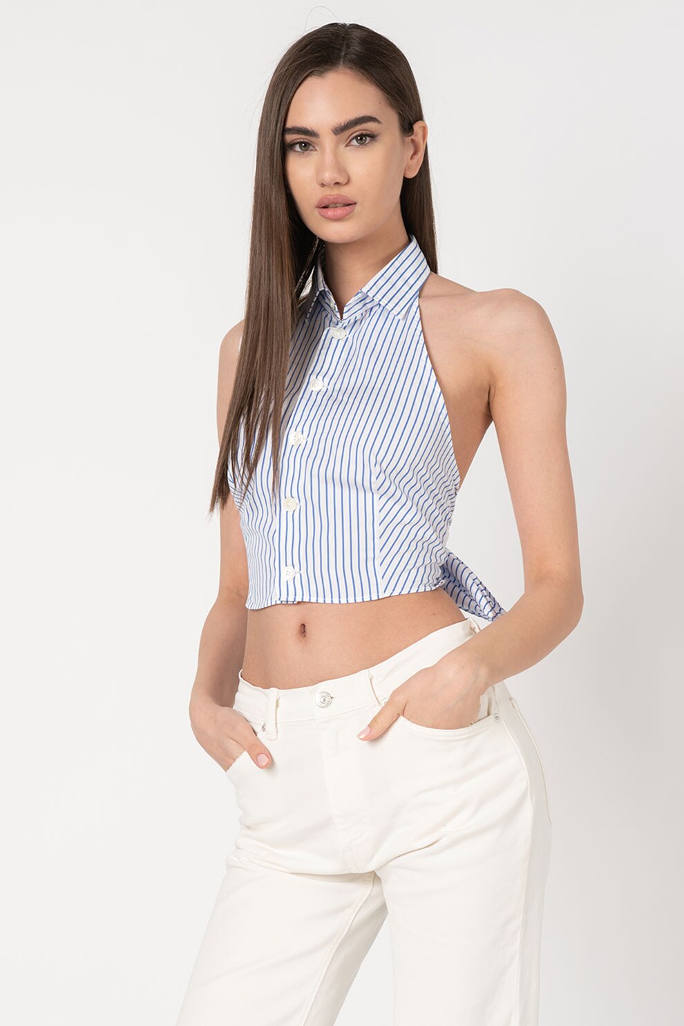 Polo Ralph Lauren, Top crop din bumbac cu model in dungi, Alb/Albastru, M