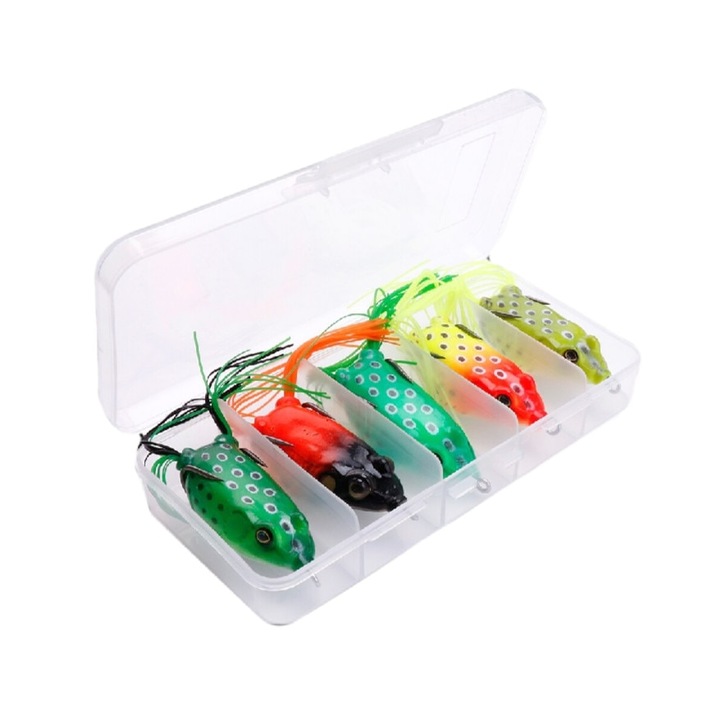 Set 5 broaste pescuit stiuca, FISHINGBOX MAKE FISHING BETTER, pescuit la suprafata, lungime 6cm, greutate 12gr, soft, multicolor