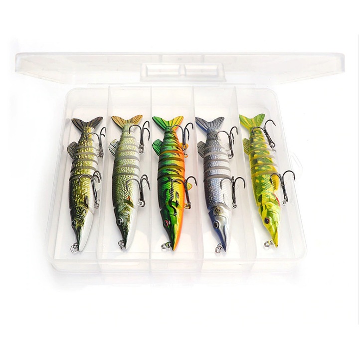Комплект от 5 съчленени примамки за щука, 8 сегмента, Fishingbox, 12,5 см, 20 гр, многоцветни, потъващи, бавно потъващи