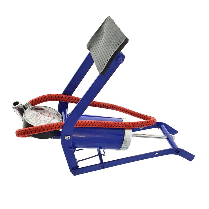 Въздушна помпа, крачна, Bossini, с манометър до 7 бара, маркуч 50 см, металик, син