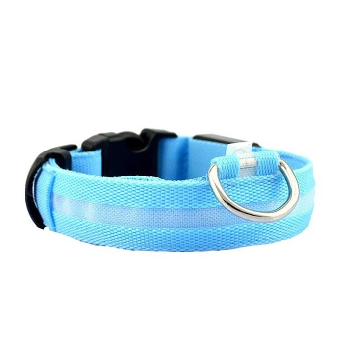 Zgarda caini cu LED, reglabila intre 45 - 53 cm, latime 2,5 cm, marime L, culoare albastra