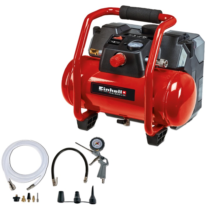 Акумулаторен въздушен компресор Einhell TE-AC 36/6/8 Li OF Set-Solo, 2x18 V, PXC технология, 6 л капацитет на резервоара, 8 бара максимално налягане, Без батерия/зарядно устройство