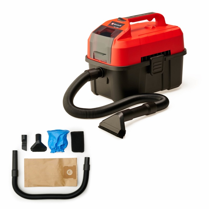 Прахосмукачка за мокро/сухо почистване Einhell TE-VC 18/10 Li-Solo, 18V, Технология PXC, Капацитет 10 л, Всмукателна мощност 90 mbar, Дължина на маркуча 2 м, Дюза 2в1 за тесни пространства/четка, Накрайник 2в1 за тапицерия/универсален, Без батерия/зарядно