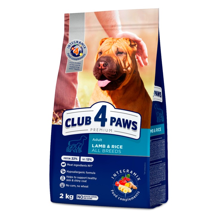 Hrana uscata pentru completa pentru caini de toate rasele, Club 4 Paws Premium, Miel si Orez, 2kg