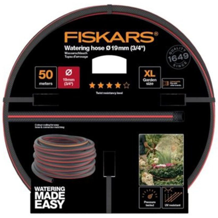 Fiskars 1027111 Kerti tömlő, 19 mm átmérő (3/4), 50 m hosszúság, Csavarodásálló, 3 réteg, UV álló