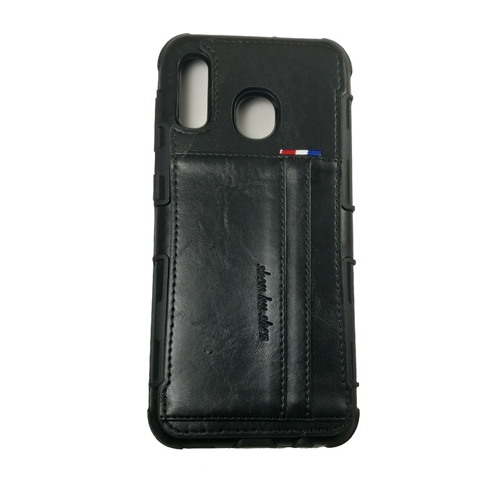 Husa de protectie compatibila cu Samsung A20 silicon cu imitatie din piele, Neagra, suport carduri, carcasa antisoc