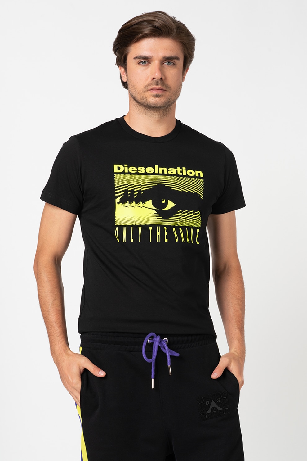 Diesel, Tricou cu imprimeu grafic Diego, Negru/Verde neon