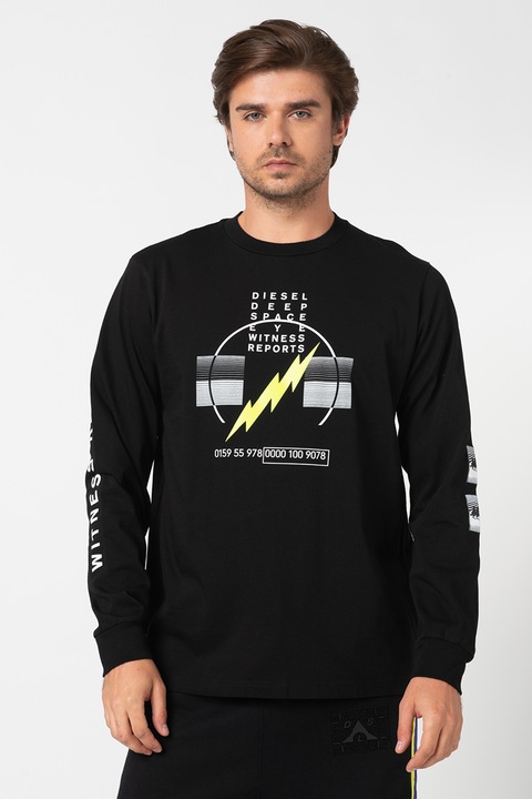 Diesel, Bluza sport cu imprimeu grafic, Alb/Negru