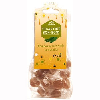 Bomboane balsamice fara zahar cu eucalipt Apidava, 70g Bomboane balsamice fara zahar cu eucalipt Apidava, 70g
