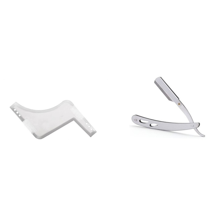 Set profesional pieptene / sablon transparent contur barba & mustata + Brici profesional pentru barbierit si ras capilar, brici din otel inoxidabil, MyStyle PRO