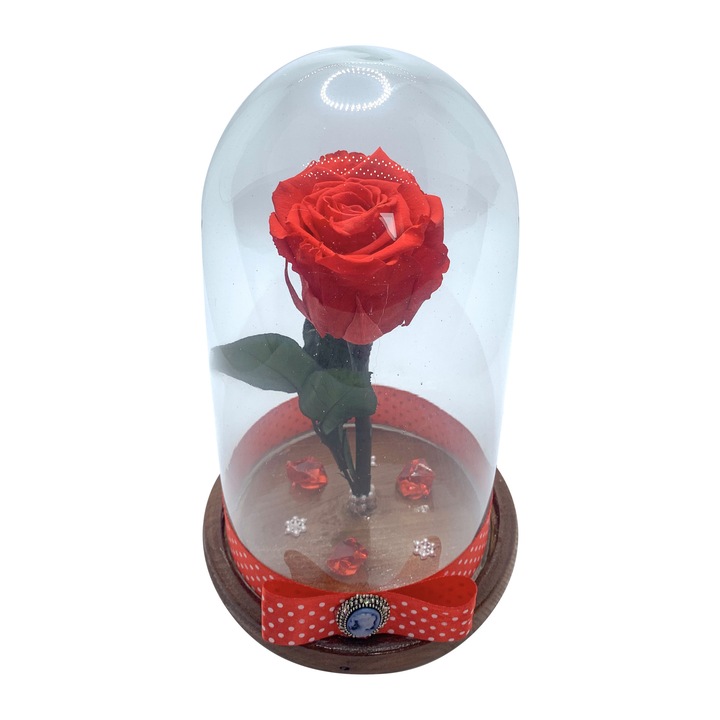 Kriogén rózsa üvegkupolában 25 cm natúr barna fa tetején, Ferrari Red, Star Decor