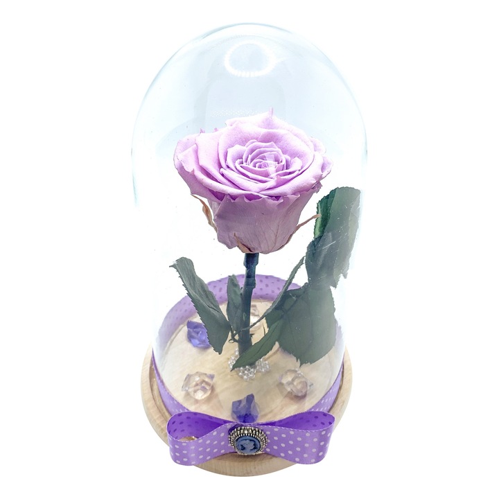 Kriogén rózsa 25 cm-es üvegkupolában, natúr fa tetején, Lila, Star Decor