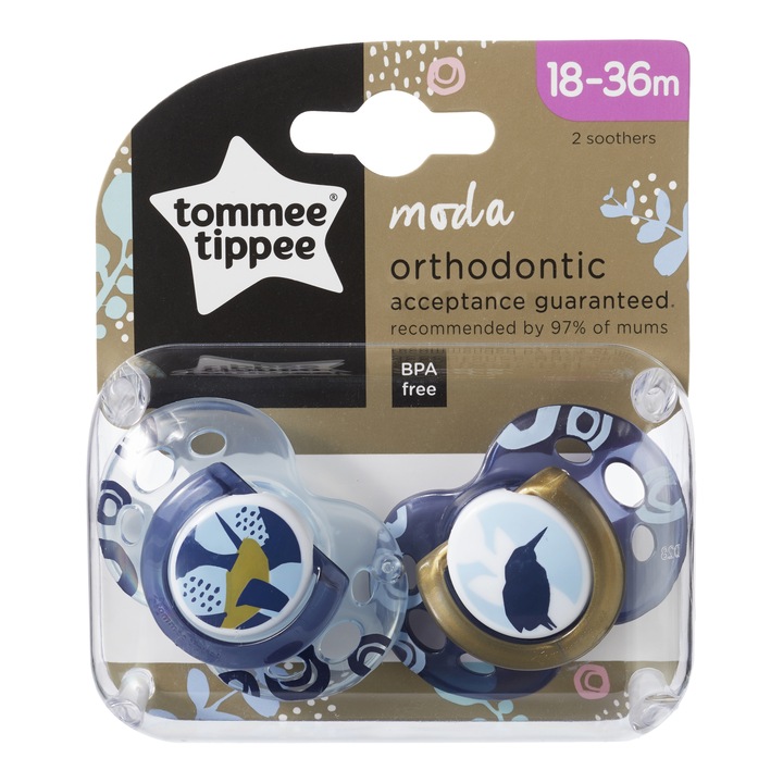 Залъгалка Tommee Tippee Moda, Ортодонтична, 2 броя, 18-36 месеца, Птици, Син