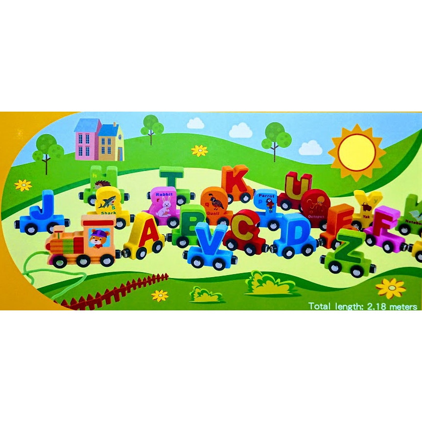 Trenulet magnetic din lemn, 1 locomotiva si 26 vagoane cu litere, 2.18 metri