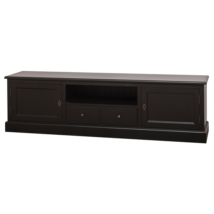 Comoda tv cu 2 sertare, 2 usi, culoare negru, vopsit, 100% lemn masiv
