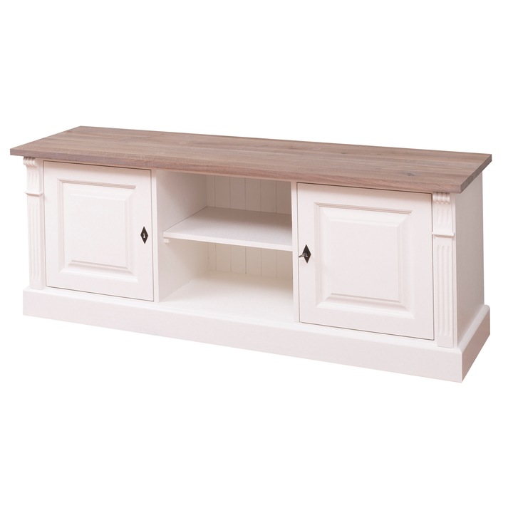 Comoda 2 usi si rafturi deschise, blat stejar, culoare top maro, culoare corp alb murdar, dublu color, 100% lemn masiv