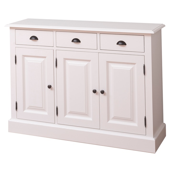 Dulap cu 2 usi, 3 sertare cu sine, spatiu deschis, culoare alb murdar, vopsit, 100% lemn masiv