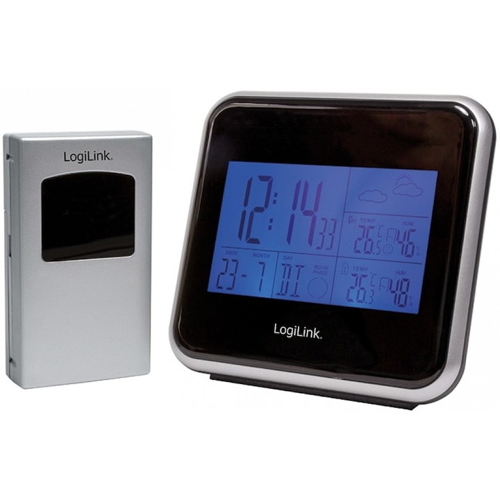 Statie meteo fara fir, LogiLink, LED, Senzor exterior, Negru/Argintiu