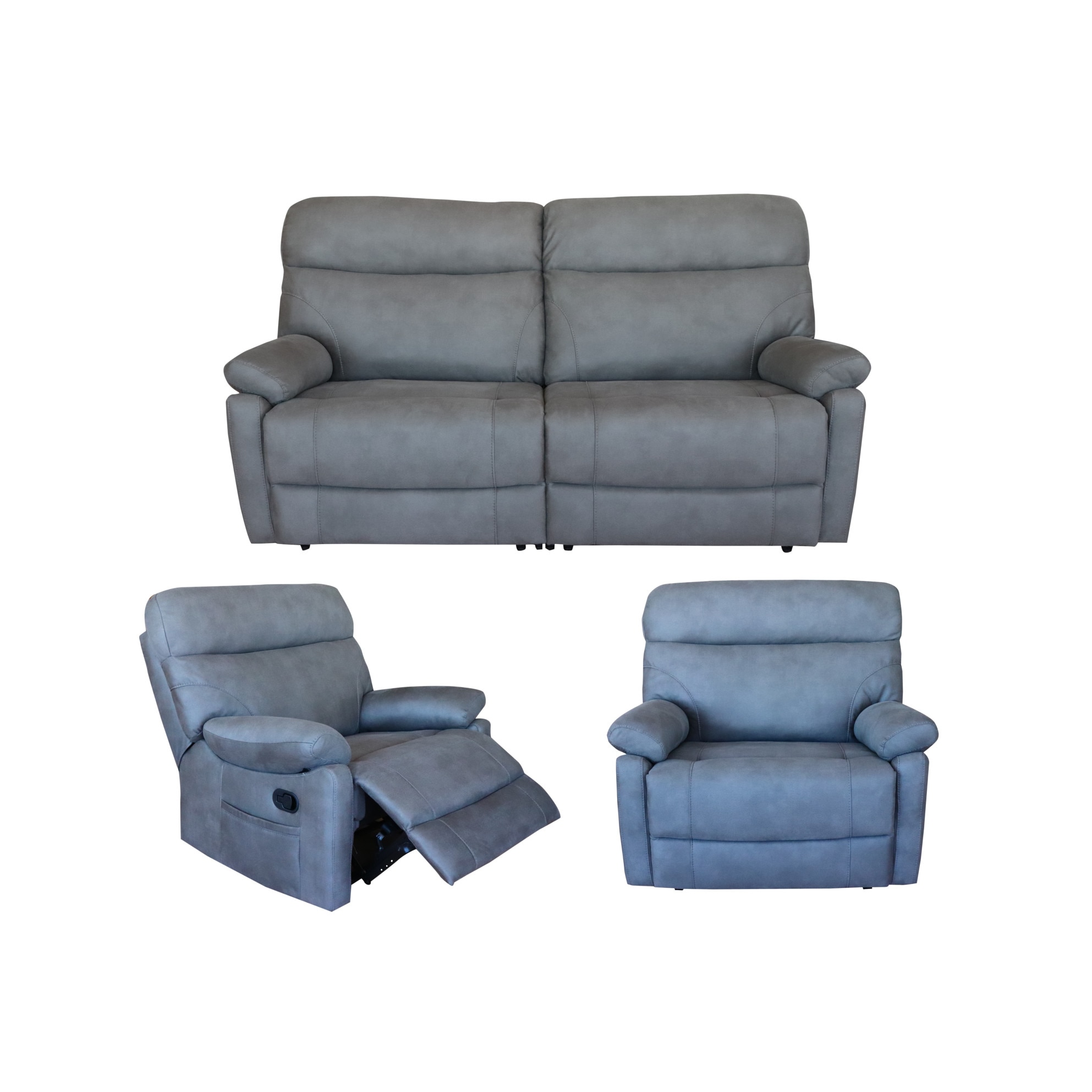 Set Dennis Grey, canapea 3 locuri cu 2 reclinere manuale si 2 fotolii cu recliner manual, Poliester