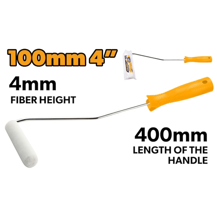 Trafalet TOLSEN 100 mm, fibra 4 mm, acril, maner 400 mm, ax 5.7 mm, pentru finisaje fine si suprafete netede, schimbare rapida a rolei